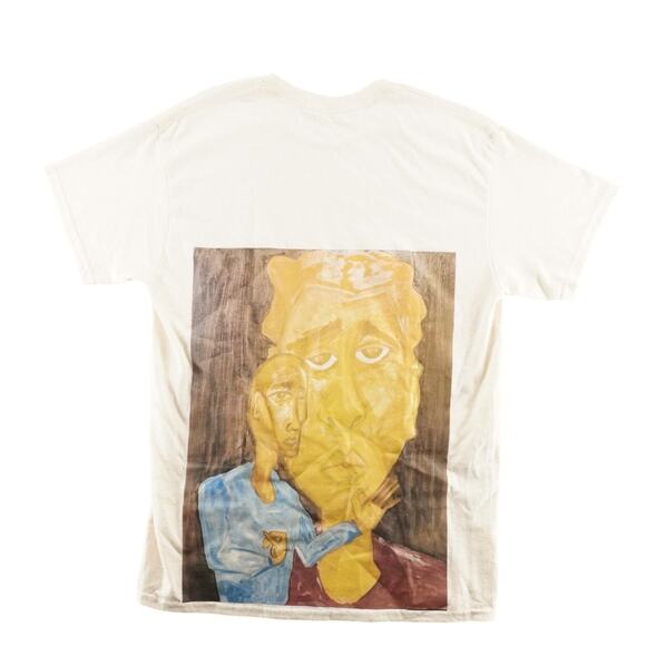 Watch My Back Hand-Painted Graphic Art T-Shirt Beige Abstract Faces Sz L - Picture 2 of 4